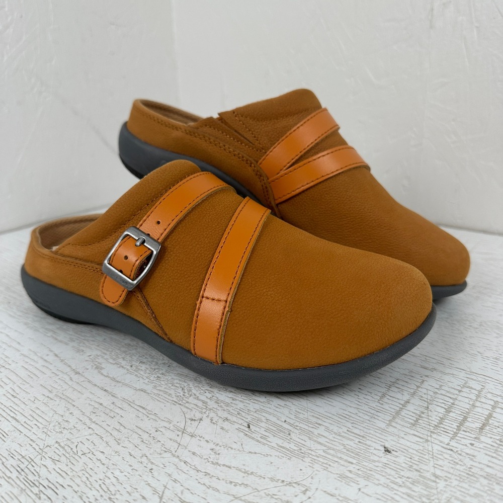 Spenco Sydney Slide Women's 7 Wide Orange Cognac Leather Orthotic Mules Clogs